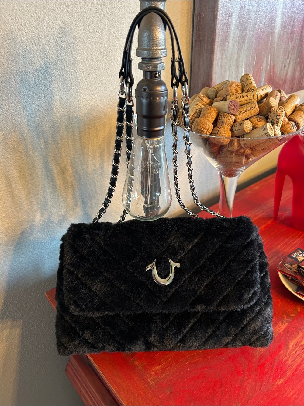 NWOT Black Quilted Faux Fur Shoulder Bag with Chain Strap